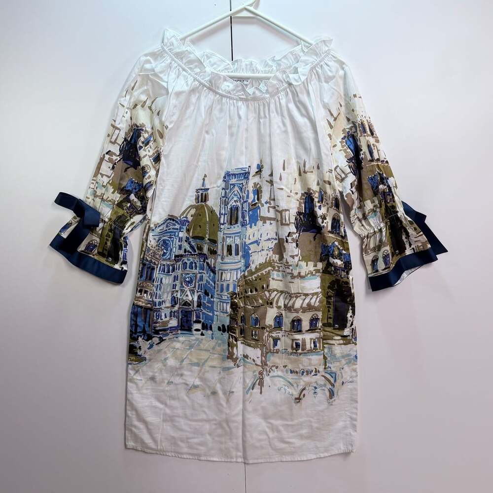 Patty Kim White Rome Cityscape Print Off The Shoulder Dress Size S